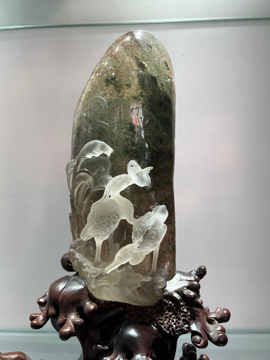 Garden quartz cranes carvings