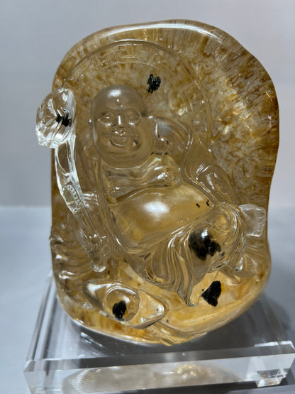Rutilated golden healer crystal laughing Buddha